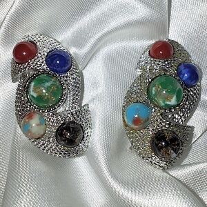 Vintage Sarah Coventry Silver Tone Stone Cabochon Clip-on Earrings